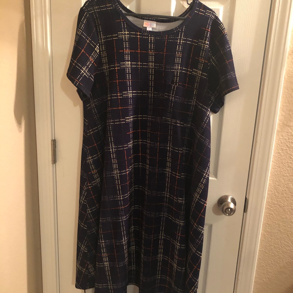 LuLaRoe Carly dress - navy, cream, & orange plaid